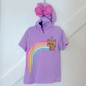 ‘Born Magical’ Unicorn Dog Rainbow Short Sleeve Hooded Tee T-shirt Top With Bow